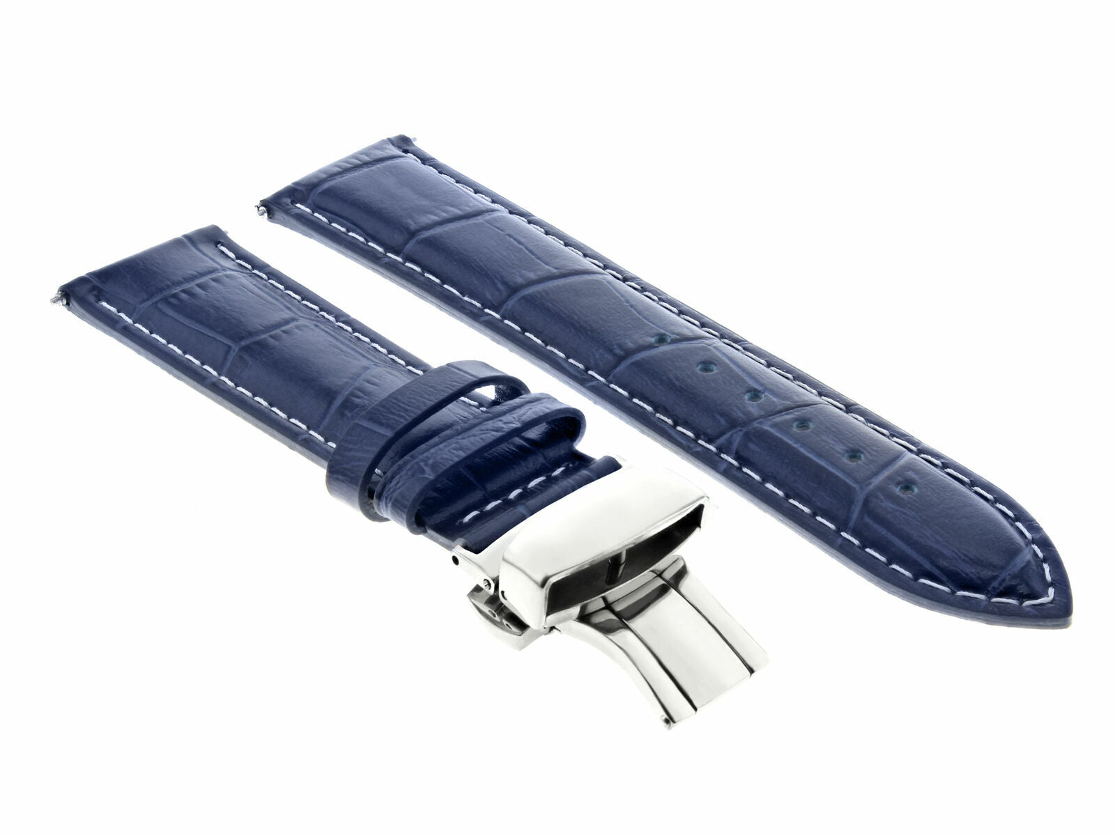 19/16MM LEATHER BAND STRAP BUTTERFLY DEPLOYMENT CLASP FOR OMEGA DEVILLE BLUE WS
