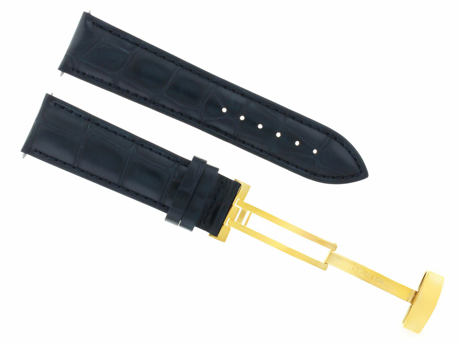 18MM LEATHER WATCH STRAP BAND DEPLOYMENT CLASP BUCKLE FOR INVICTA DARK BLUE GOLD