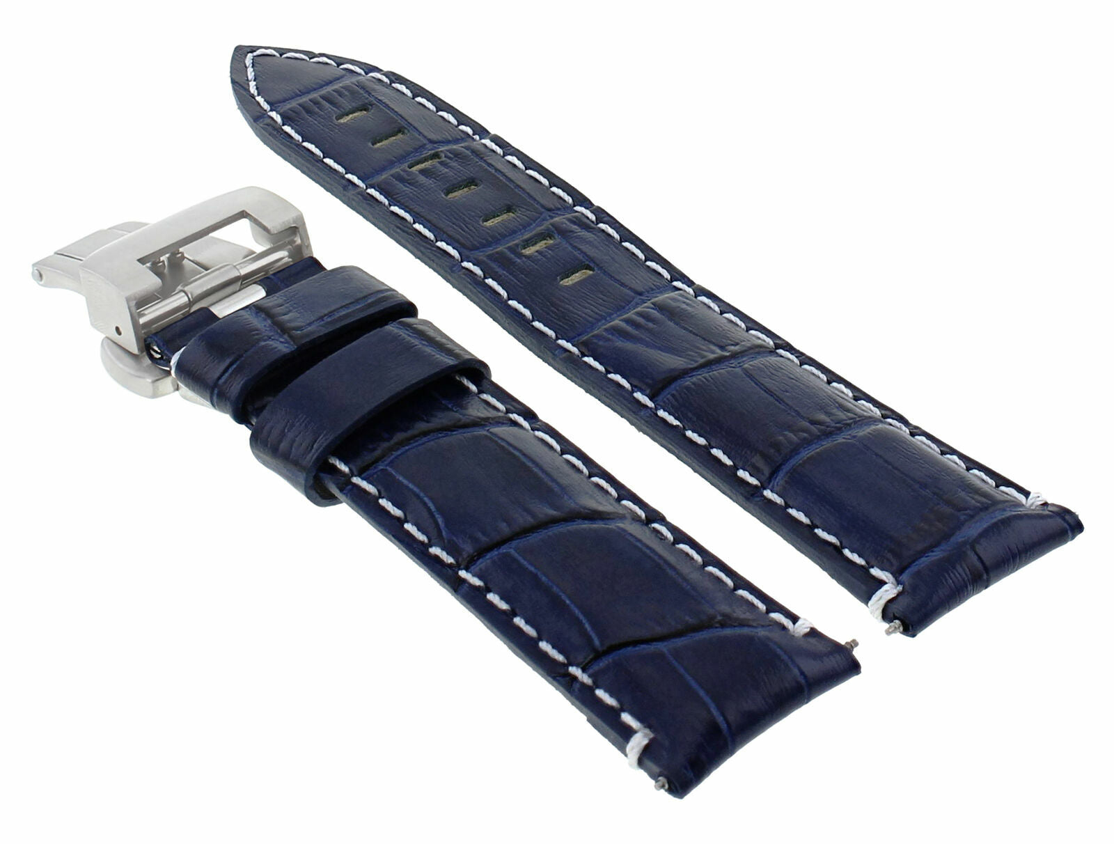 24MM LEATHER STRAP BAND DEPLOYMENT CLASP FOR PAM 44MM PANERAI BLUE WHITE STITCH