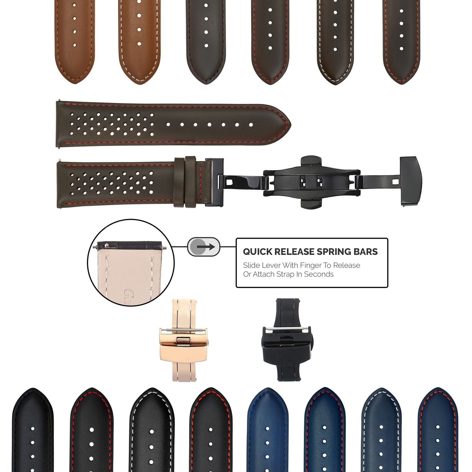 PERFORATED LEATHER RALLY WATCH STRAP BAND - QUICK RELEASE - 22MM