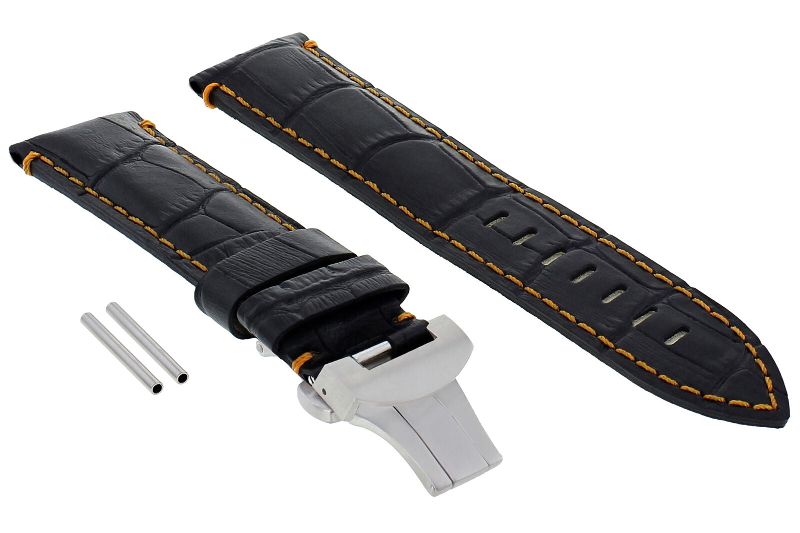 22MM LEATHER STRAP BAND DEPLOYMENT BUCKLE FOR PANERAI 111, 119, 244 BLACK ORANGE