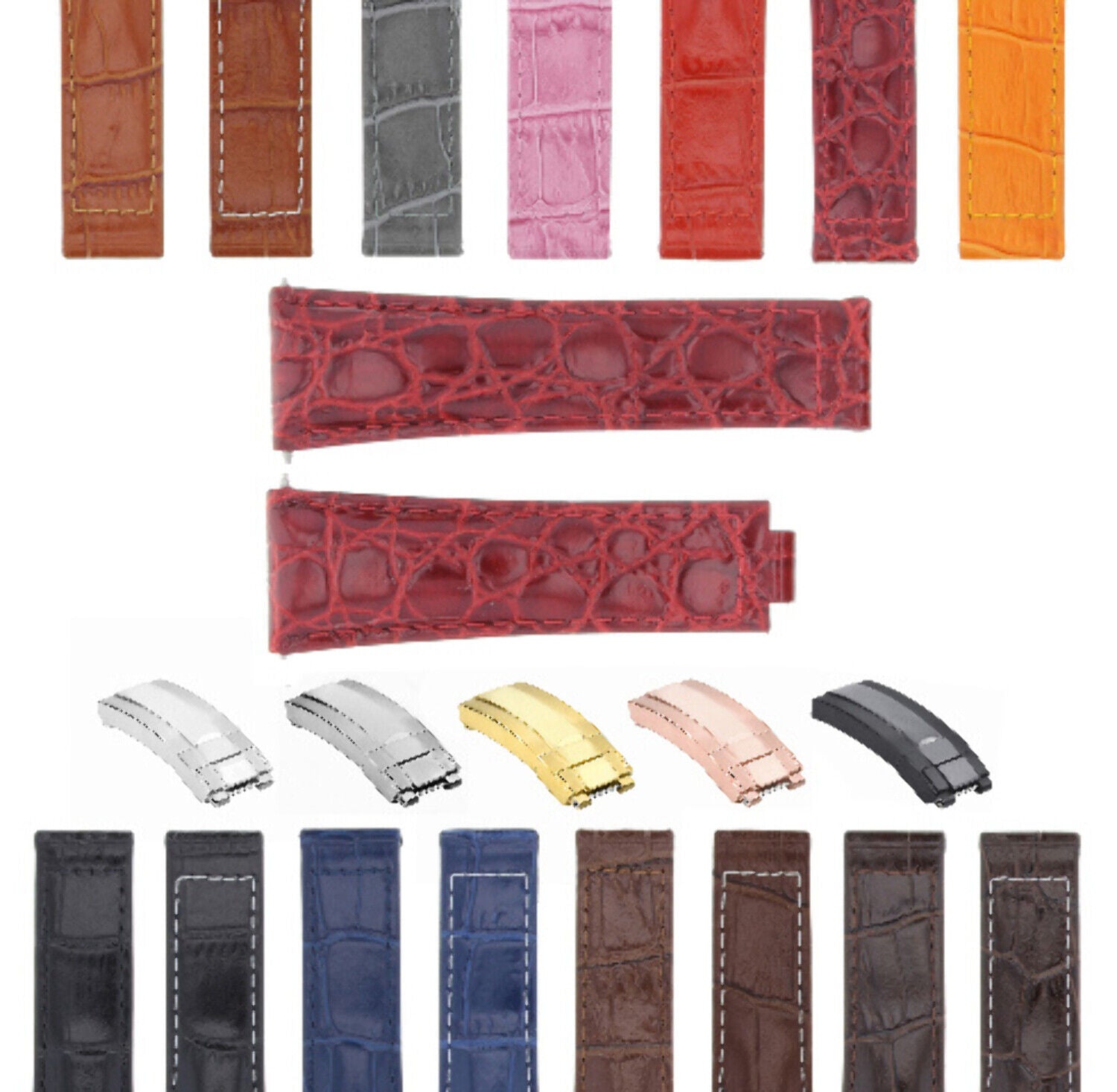 20MM LEATHER ALLIGATOR STRAP BAND CLASP FOR ROLEX DAYTONA 16520,116519 SHORT MEDIUM - Silver - Polished Center