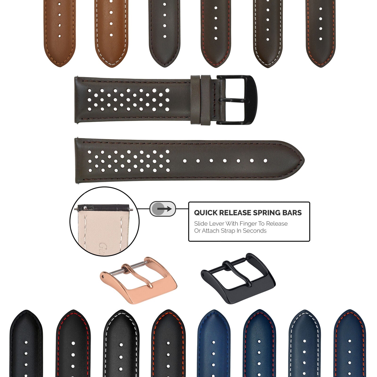 PERFORATED LEATHER RALLY WATCH STRAP BAND - QUICK RELEASE - 24MM