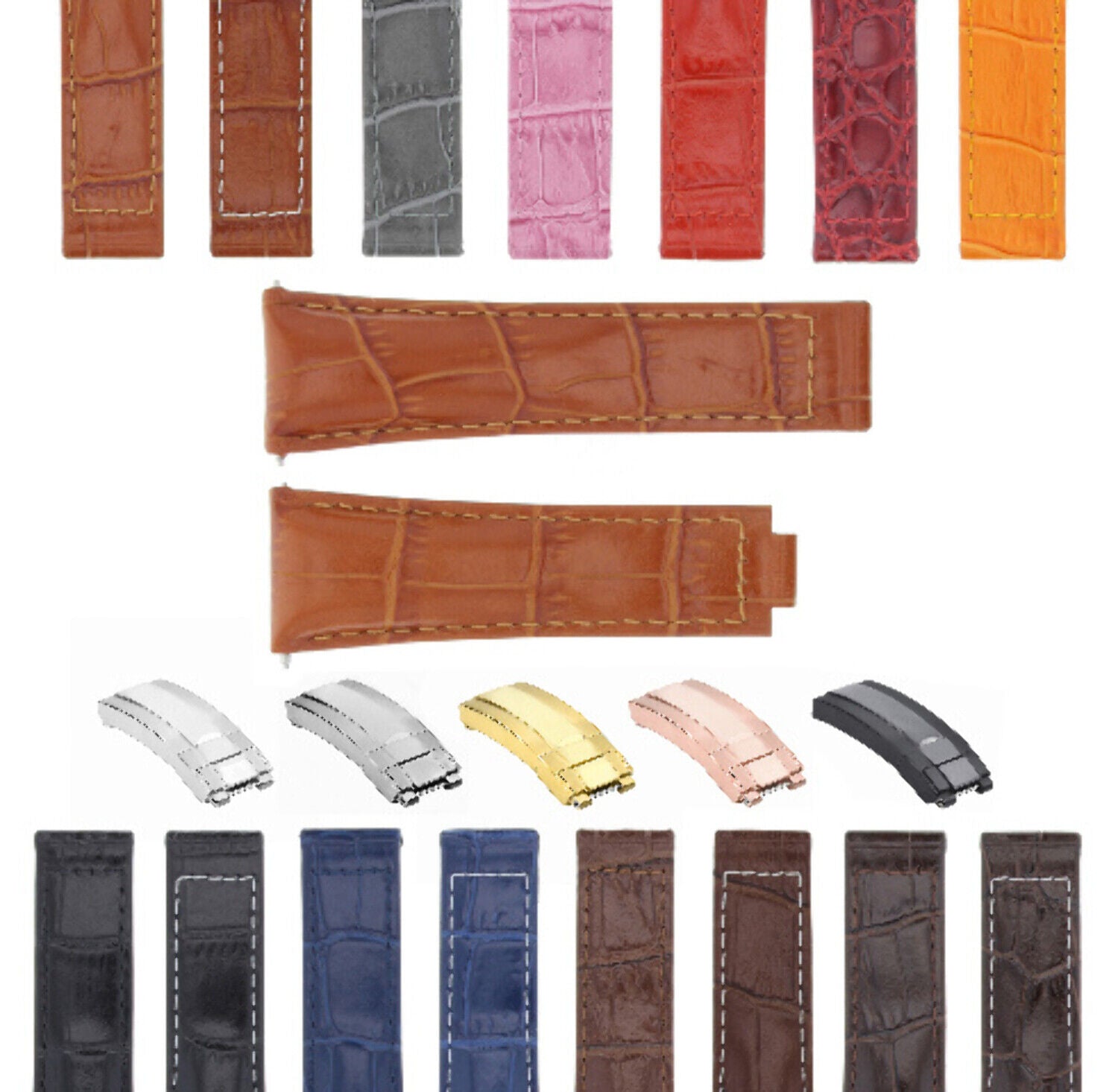 20MM LEATHER ALLIGATOR STRAP BAND CLASP FOR ROLEX DAYTONA 16520,116519 SHORT MEDIUM - Silver - Polished Center