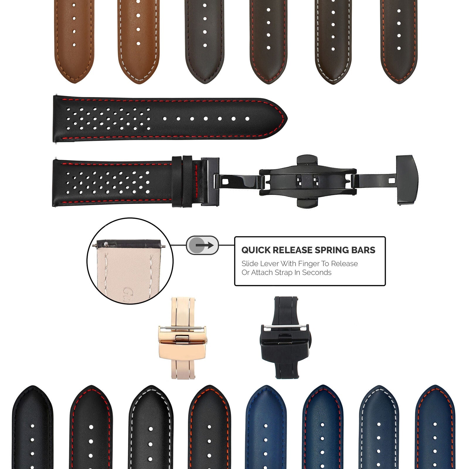 PERFORATED LEATHER RALLY WATCH STRAP BAND - QUICK RELEASE - 22MM