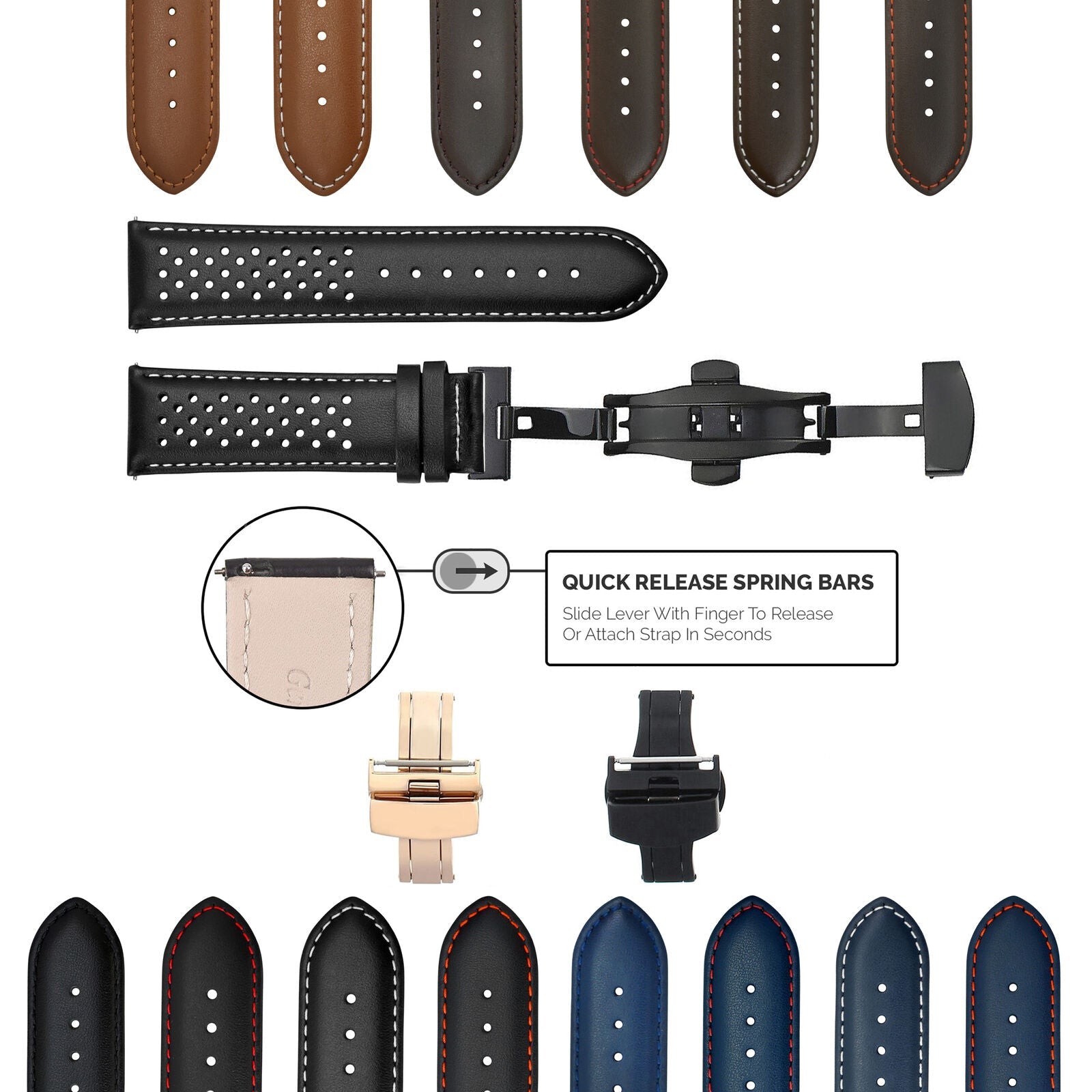 PERFORATED LEATHER RALLY WATCH STRAP BAND - QUICK RELEASE - 22MM
