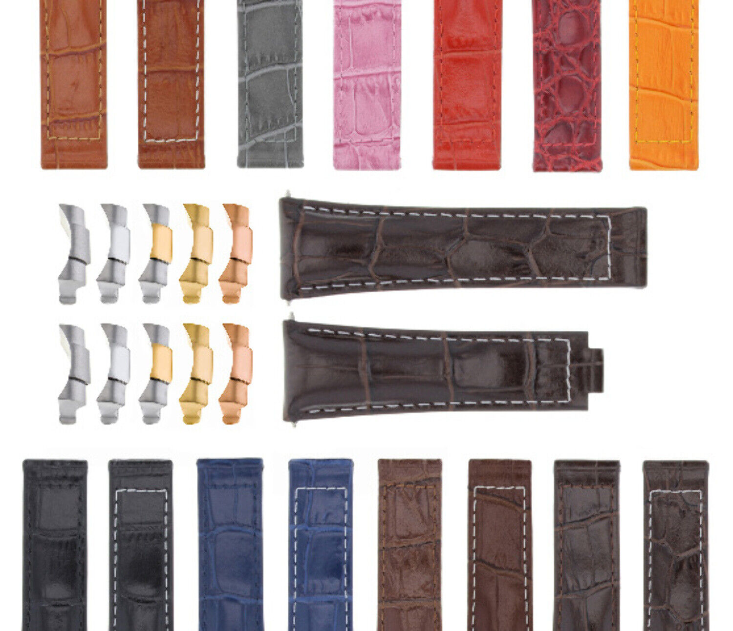 20MM ALLIGATOR LEATHER STRAP BAND FITS FOR ROLEX SUBMARINER, GMT, DATEJUST WATCH - SILVER - POISHED - CENTER