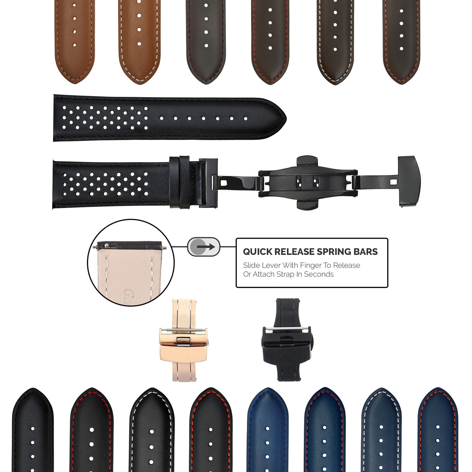 PERFORATED LEATHER RALLY WATCH STRAP BAND - QUICK RELEASE - 22MM
