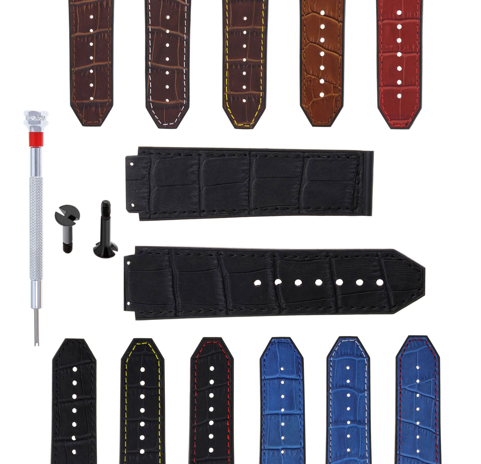 24MM ALLIGATOR LEATHER RUBBER BAND STRAP FOR HUBLOT BIG BANG 2 BK SCREW S/DRIVER