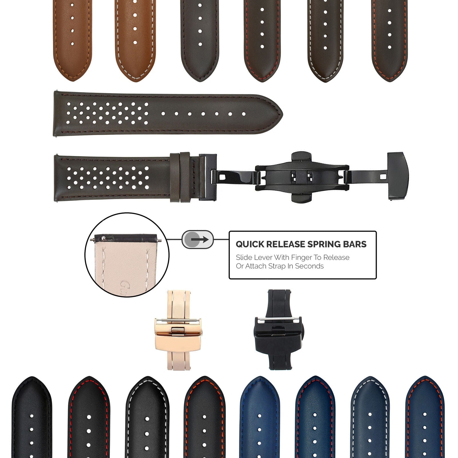 PERFORATED LEATHER RALLY WATCH STRAP BAND - QUICK RELEASE - 22MM