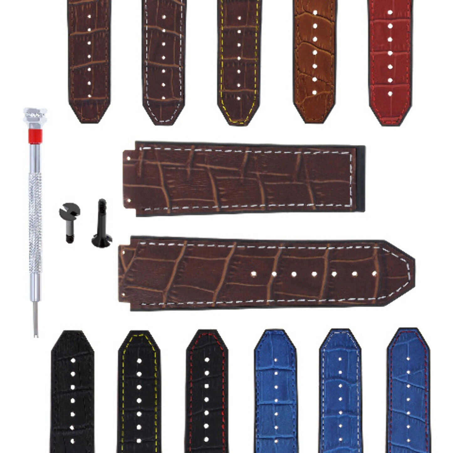24MM ALLIGATOR LEATHER RUBBER BAND STRAP FOR HUBLOT BIG BANG 2 BK SCREW S/DRIVER