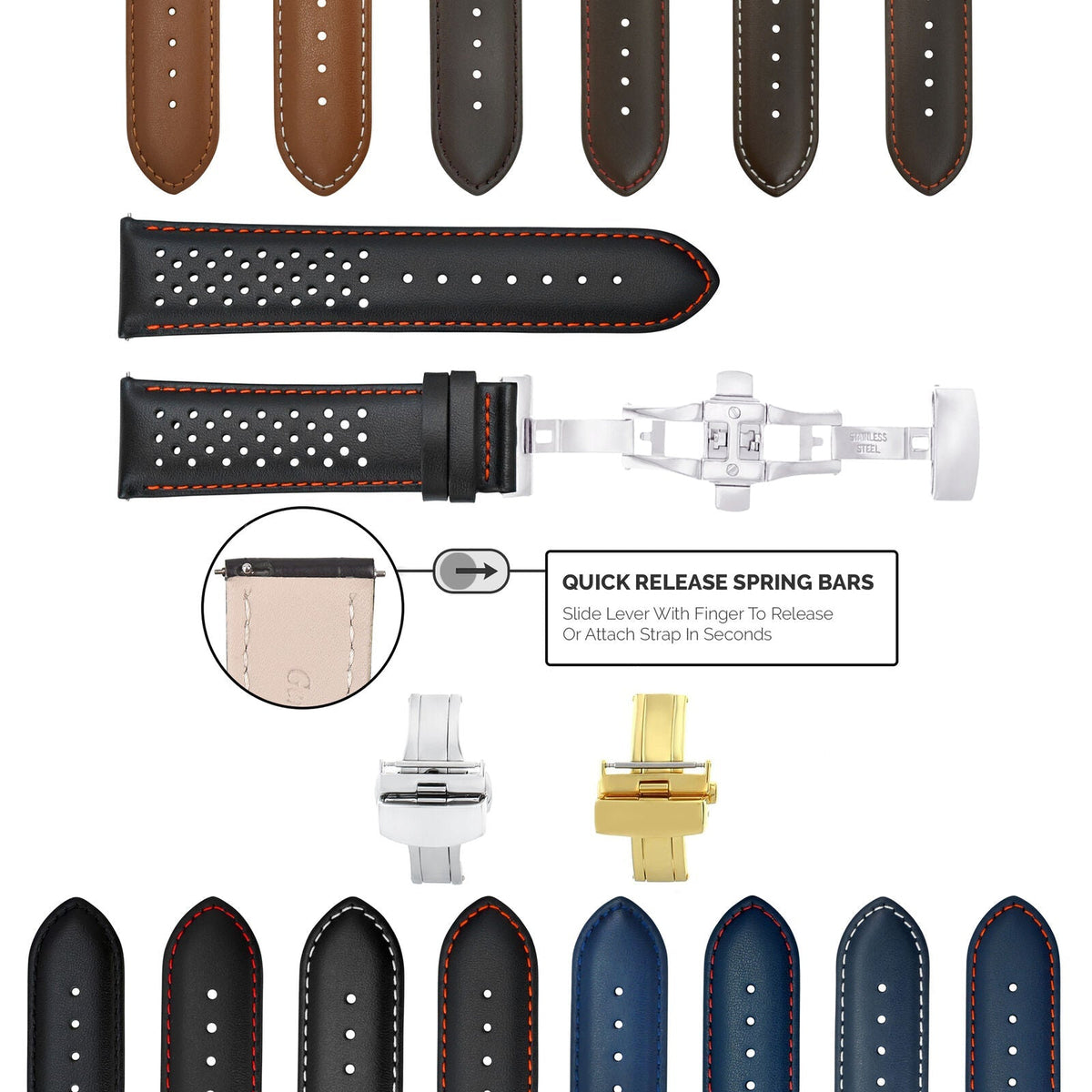18-19-20-21-22-23-24MM PERFORATED LEATHER WATCH BAND WITH QUICK RELEASE SPRING