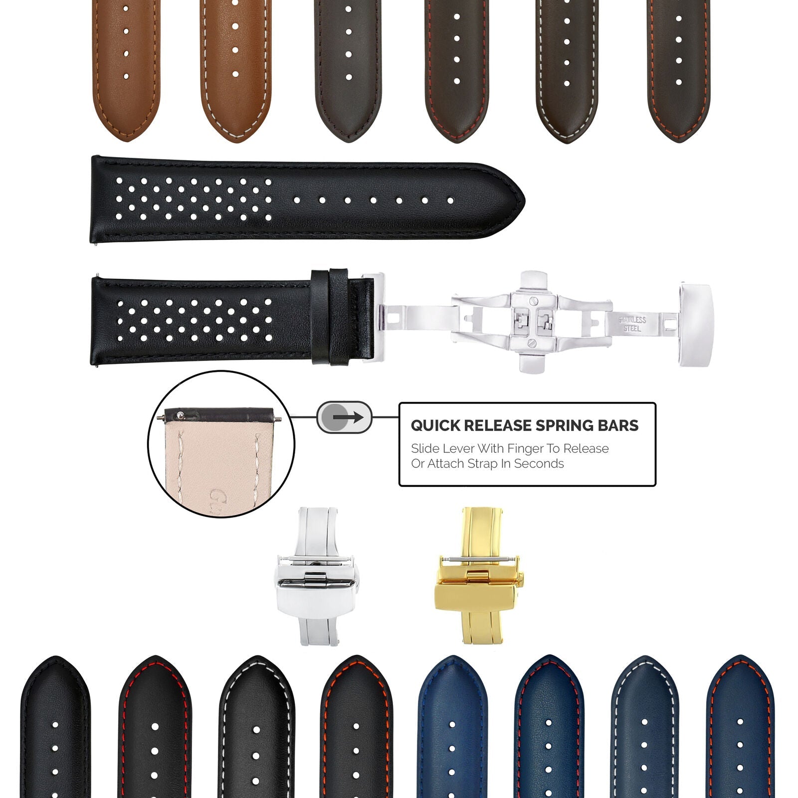 18-19-20-21-22-23-24MM PERFORATED LEATHER WATCH BAND WITH QUICK RELEASE SPRING