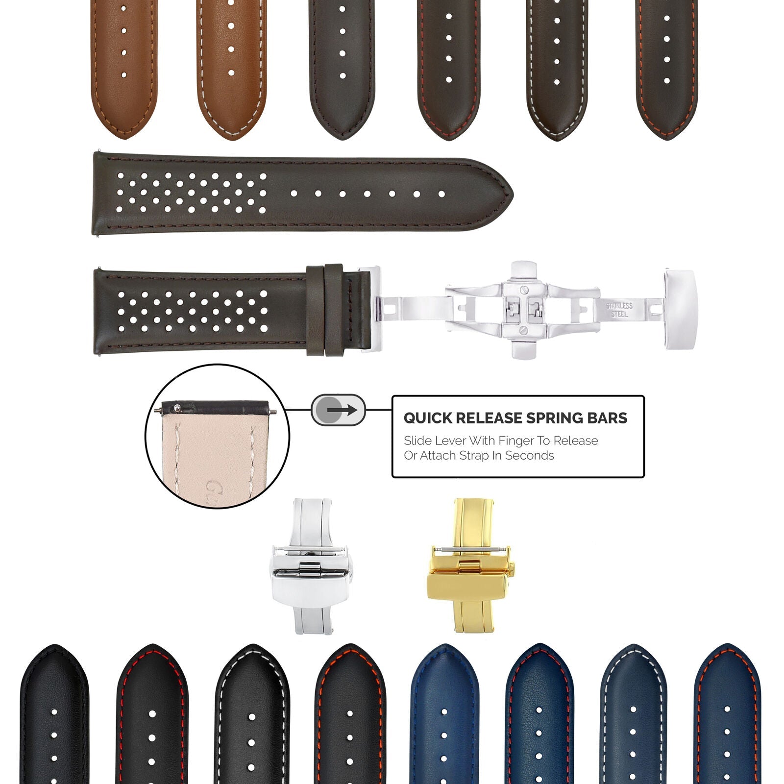 18-19-20-21-22-23-24MM PERFORATED LEATHER WATCH BAND WITH QUICK RELEASE SPRING