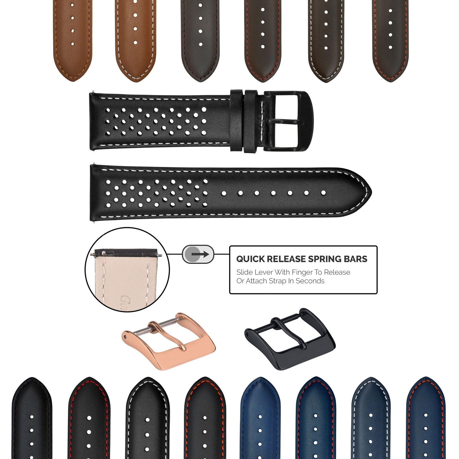 18-19-20-21-22-23-24MM PERFORATED LEATHER WATCH BAND STRAP FOR ORIS QUICK RELEAS - Black