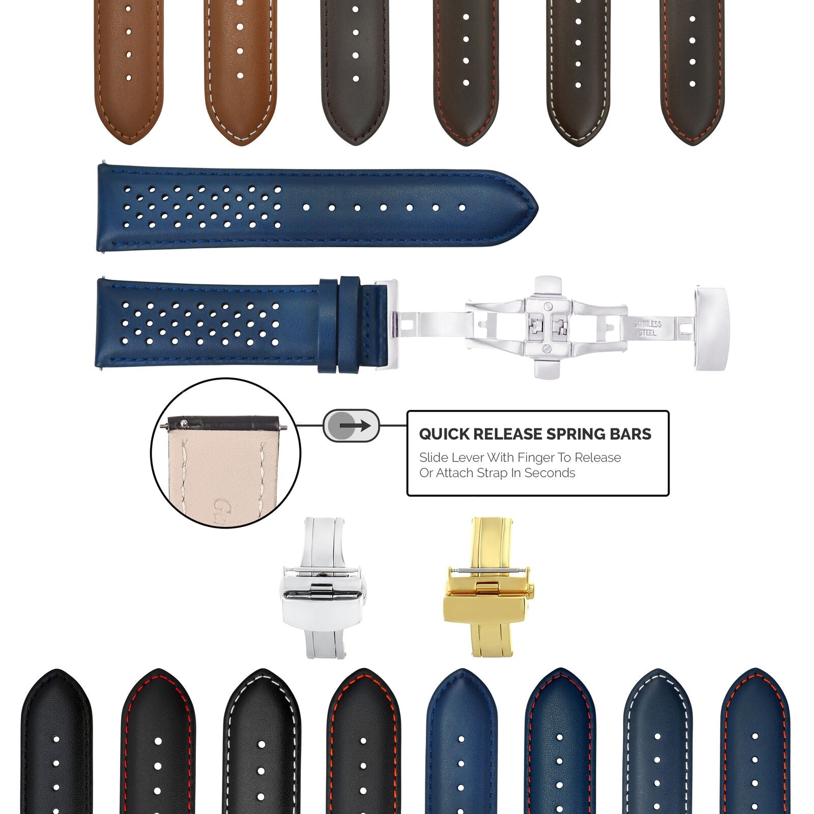 18-19-20-21-22-23-24MM PERFORATED LEATHER WATCH BAND WITH QUICK RELEASE SPRING