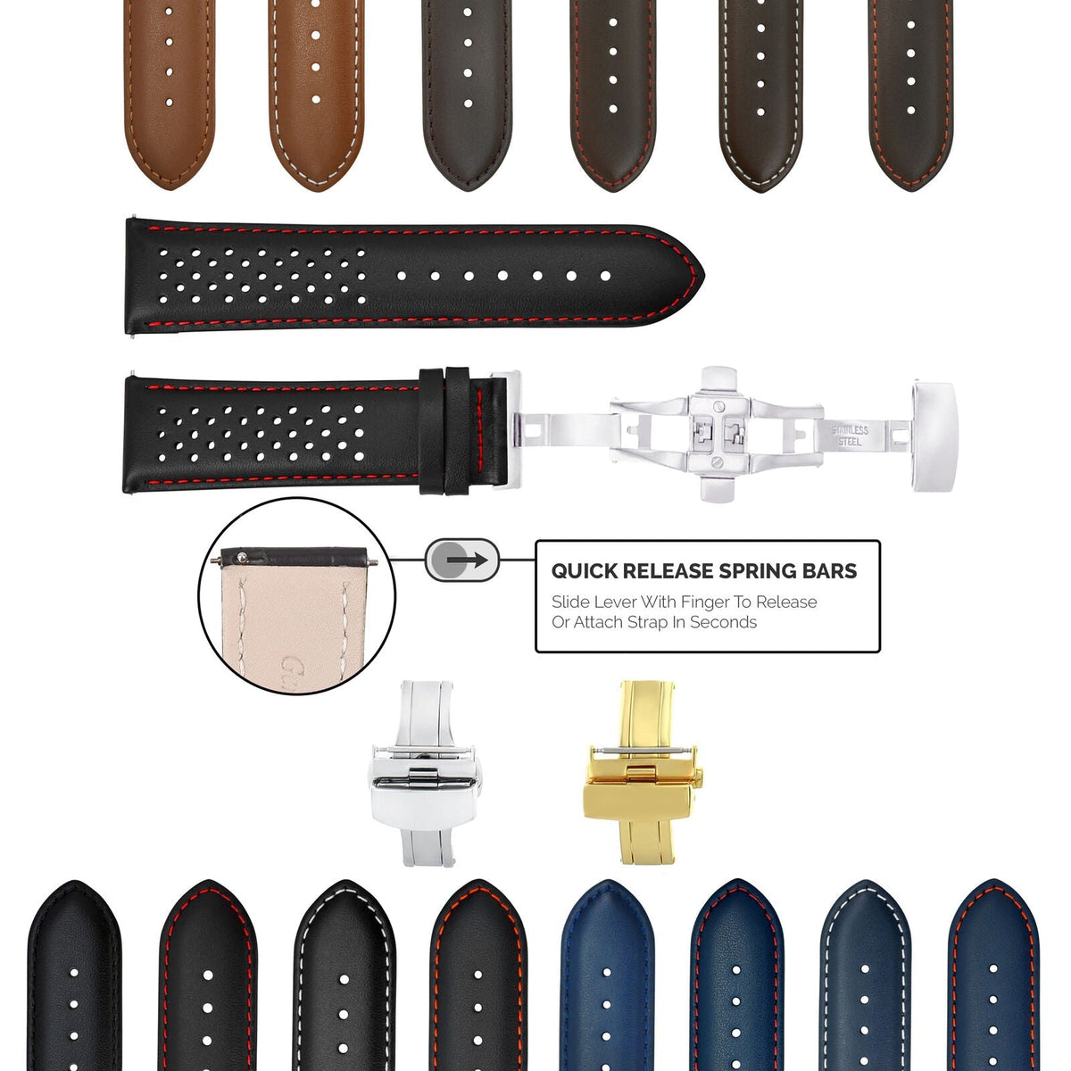 18-19-20-21-22-23-24MM PERFORATED LEATHER WATCH BAND WITH QUICK RELEASE SPRING