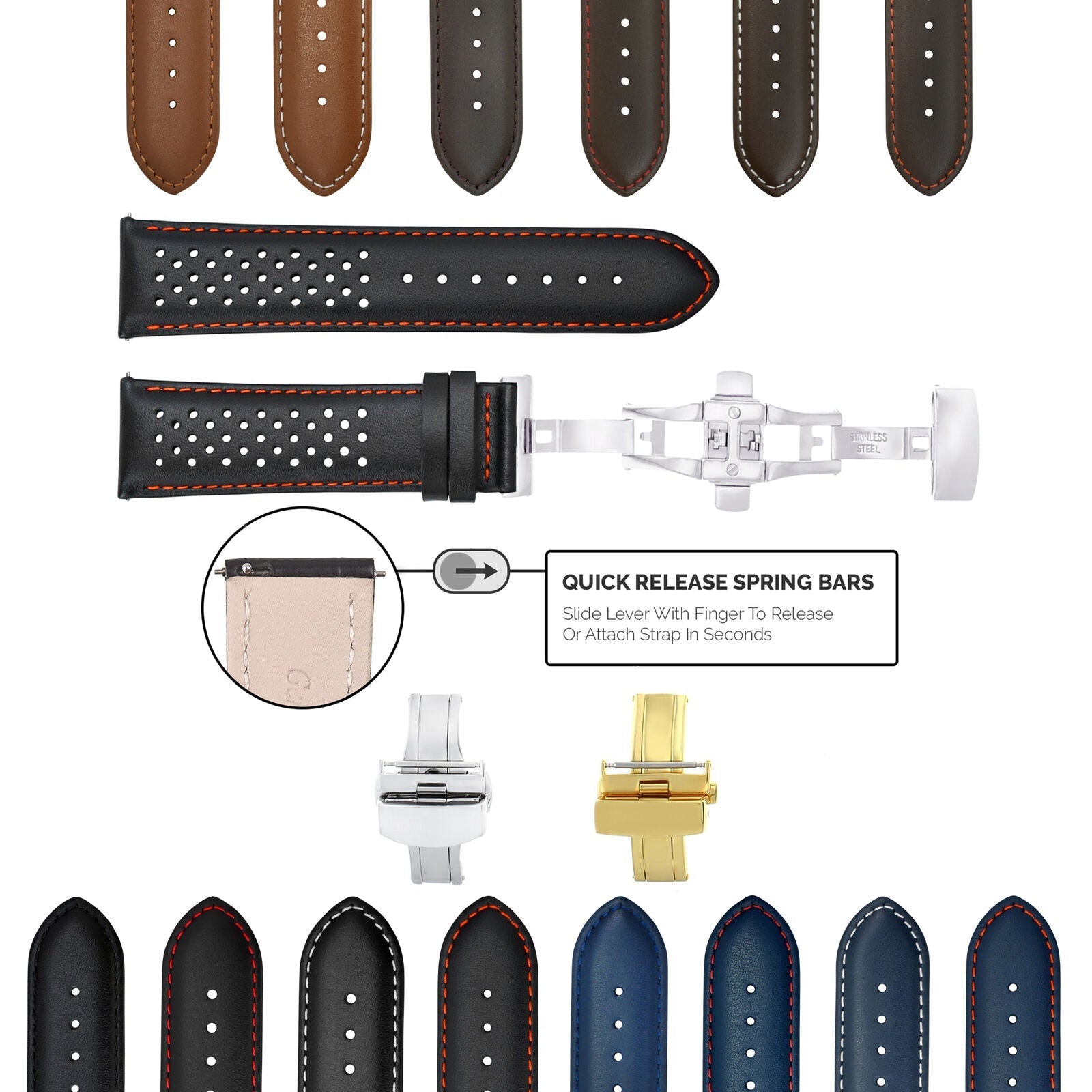 18-19-20-21-22-23-24MM PERFORATED LEATHER WATCH BAND WITH QUICK RELEASE SPRING