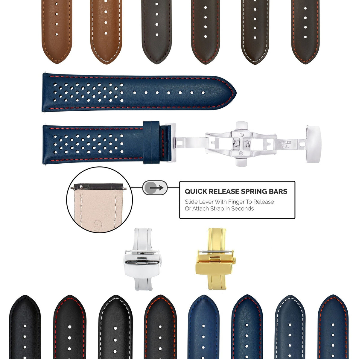 18-19-20-21-22-23-24MM PERFORATED LEATHER WATCH BAND WITH QUICK RELEASE SPRING
