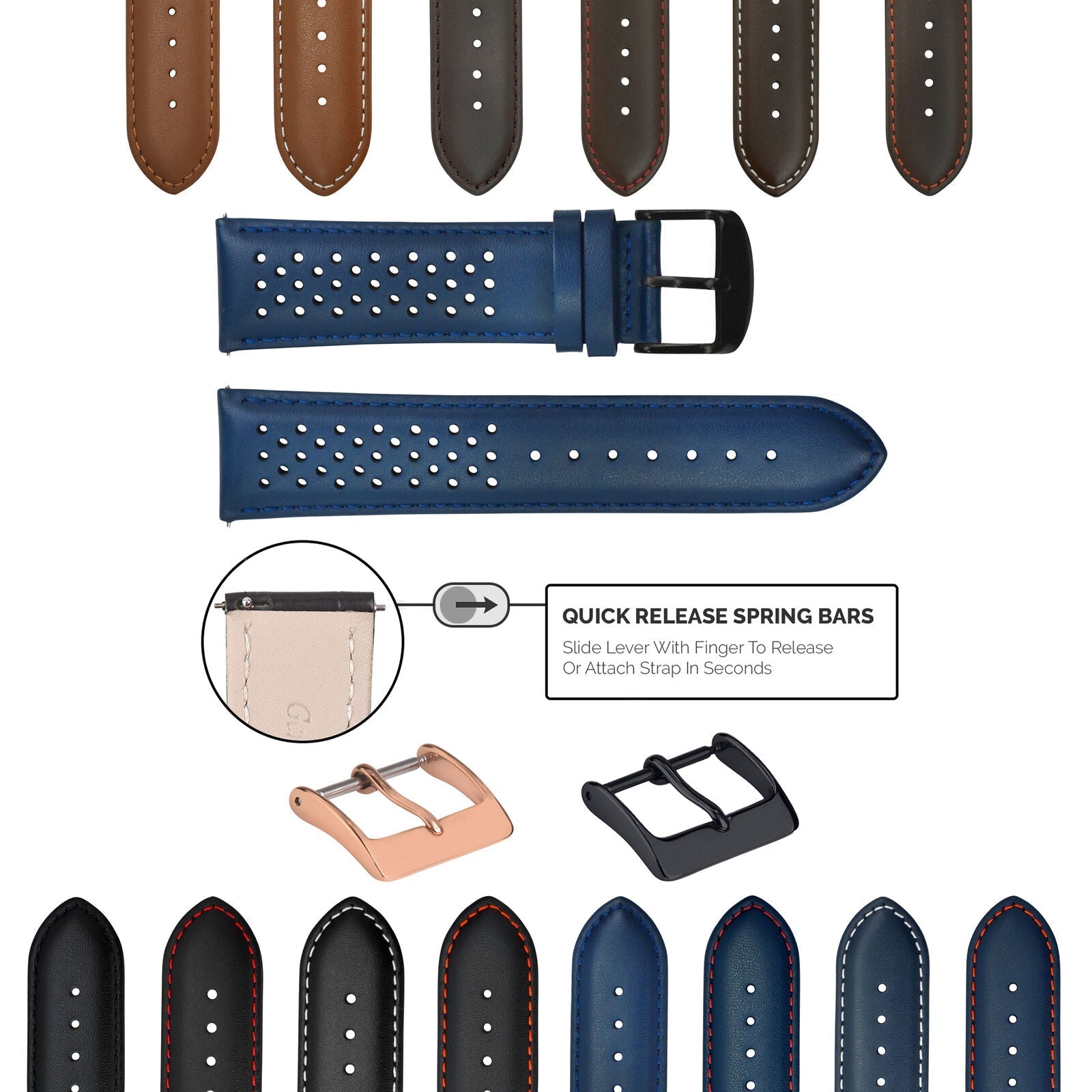 18-19-20-21-22-23-24MM PERFORATED LEATHER WATCH BAND STRAP FOR ORIS QUICK RELEAS - Black