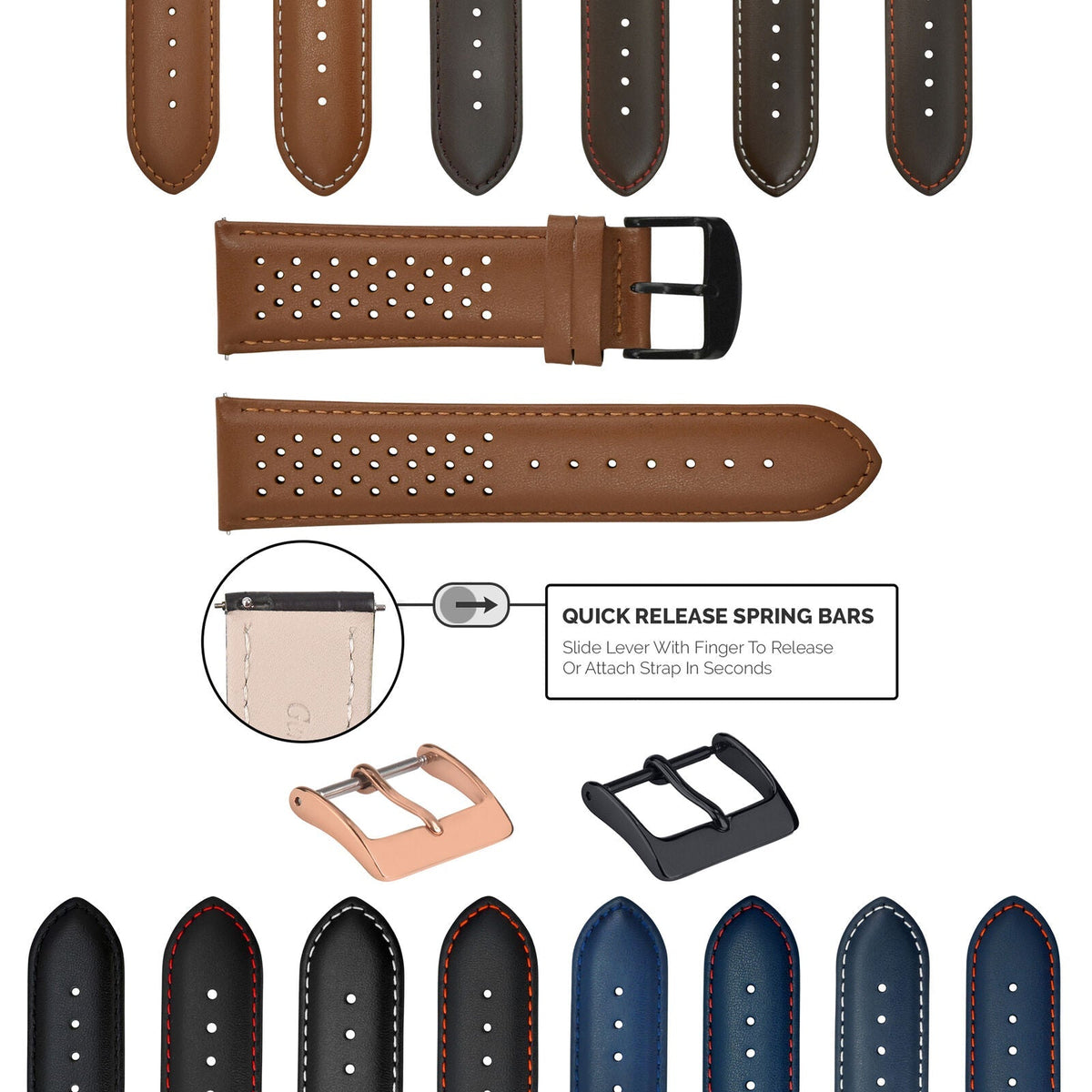 18-19-20-21-22-23-24MM PERFORATED LEATHER WATCH BAND STRAP FOR ORIS QUICK RELEAS - Black