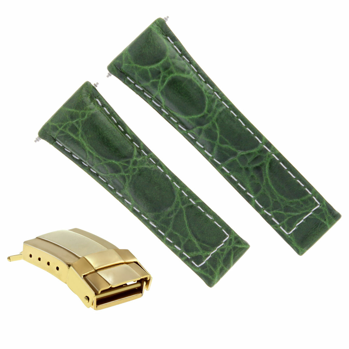 LEATHER WATCH BAND STRAP FOR ROLEX DAYTONA 116520 SHORT BLACK,TAN,GREEN GOLD, Green with White Stitching