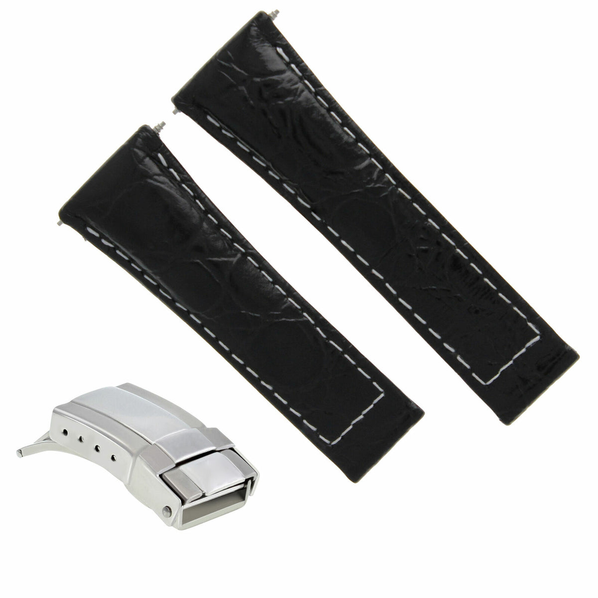 GENUINE LEATHER WATCH STRAP FOR ROLEX DAYTONA SHORT BLACK,TAN,GREEN STEEL, Black with White Stitching
