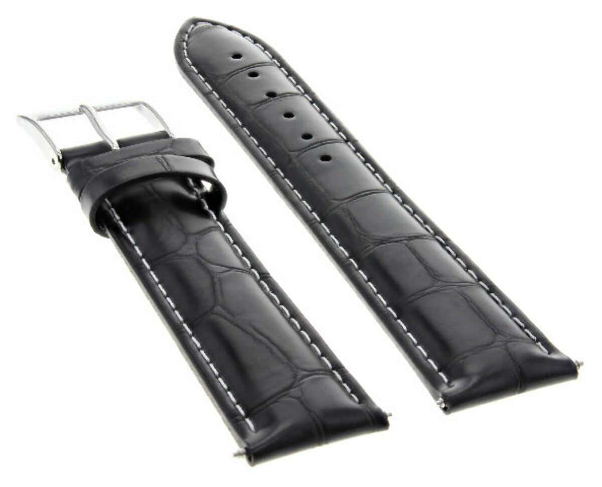 19MM LEATHER WATCH STRAP BAND FOR MOVADO WATCH 19/18MM BLACK WHITE STITCHING