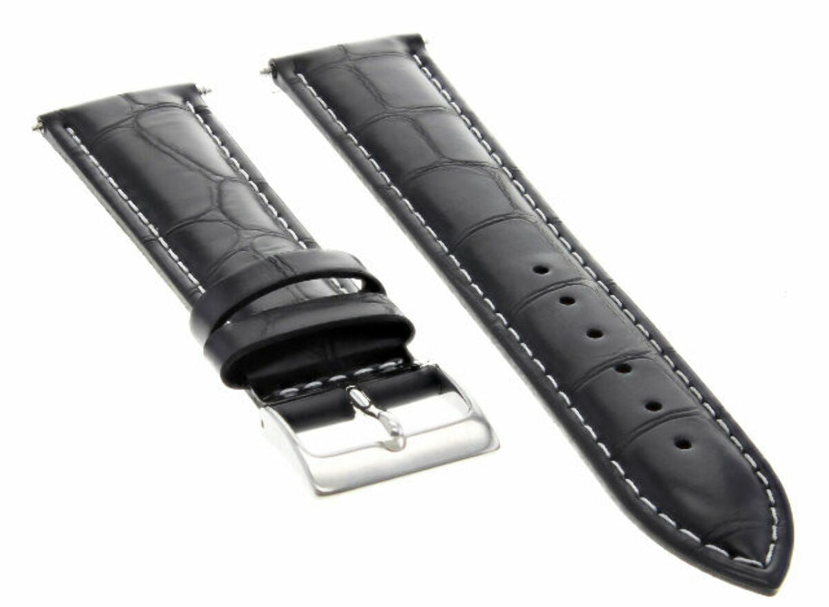 19MM LEATHER WATCH STRAP BAND FOR MOVADO WATCH 19/18MM BLACK WHITE STITCHING