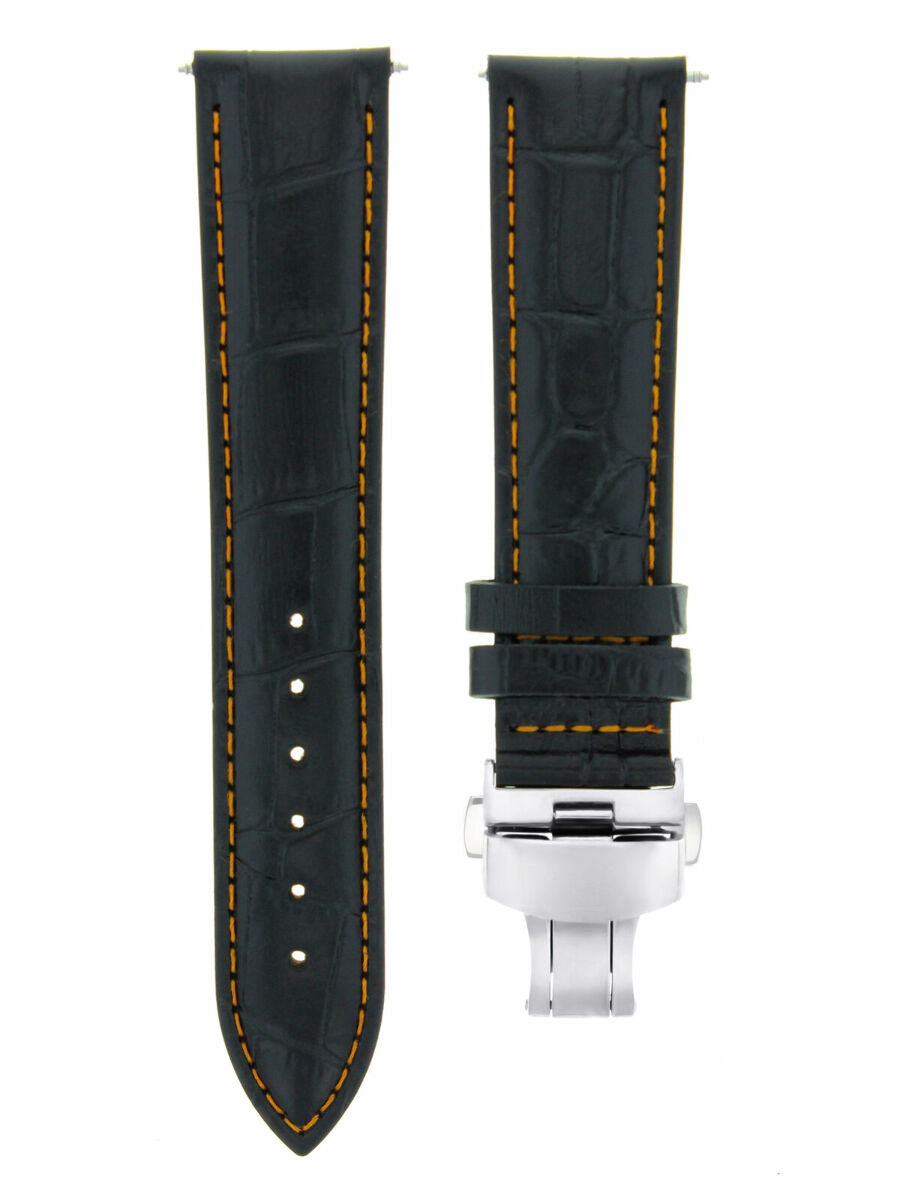 22MM LEATHER STRAP BAND DEPLOYMENT CLASP FOR GUESS WATCH BLACK ORANGE STITCHING