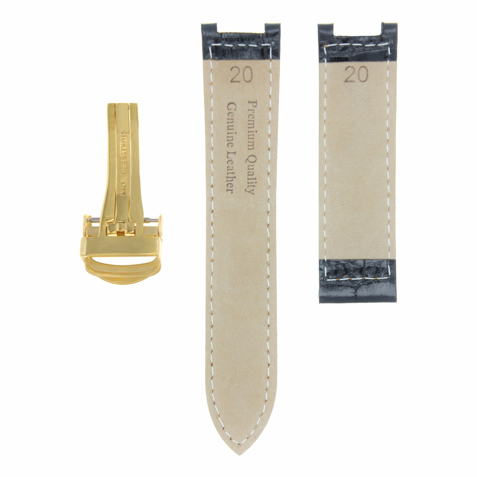 LEATHER BAND STRAP FOR FIT PASHA DE CARTIER 20MM DEPLOYMENT CLASP BLACK GOLD