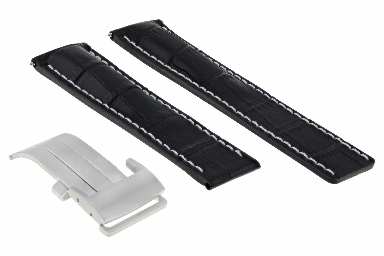 20MM LEATHER WATCH STRAP BAND FOR BAUME MERCIER WATCH BLACK DEPLOYMENT SHINY