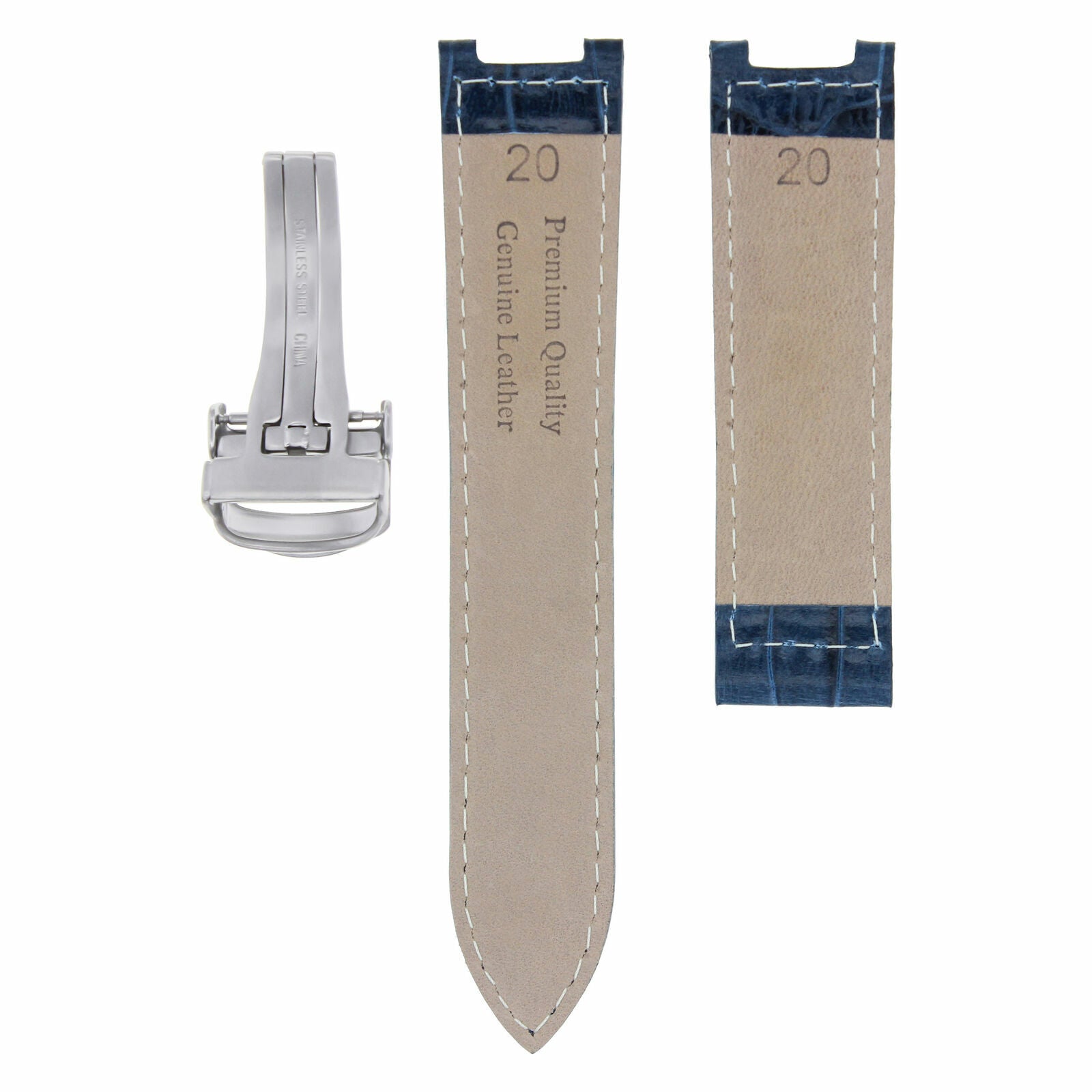 LEATHER WATCH STRAP BAND FOR 35MM CARTIER PASHA WATCH 20MM DEPLOYMENT CLASP BLUE