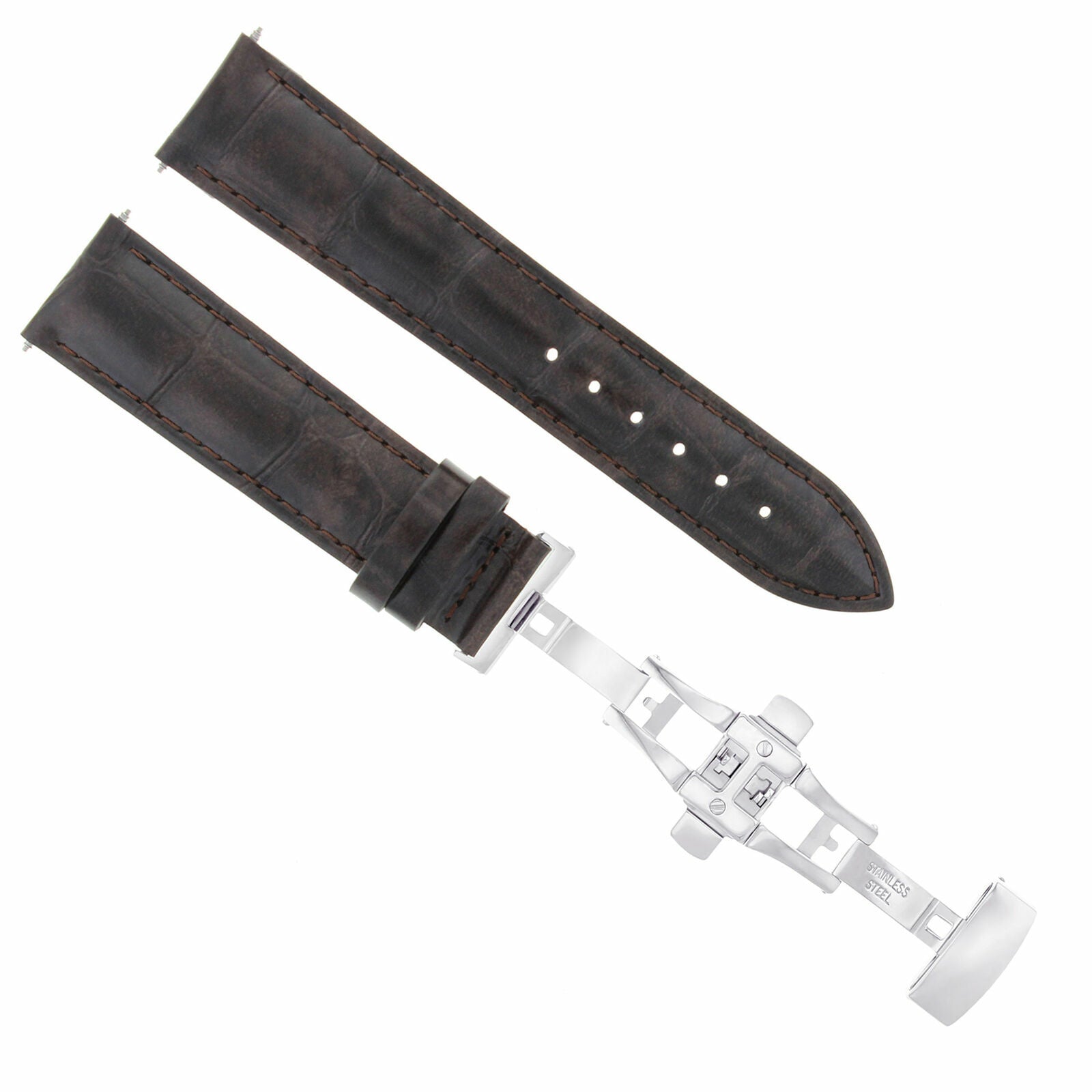 22MM LEATHER BAND WATCH STRAP FOR FOSSIL WATCH +  DEPLOYMENT CLASP DARK BROWN