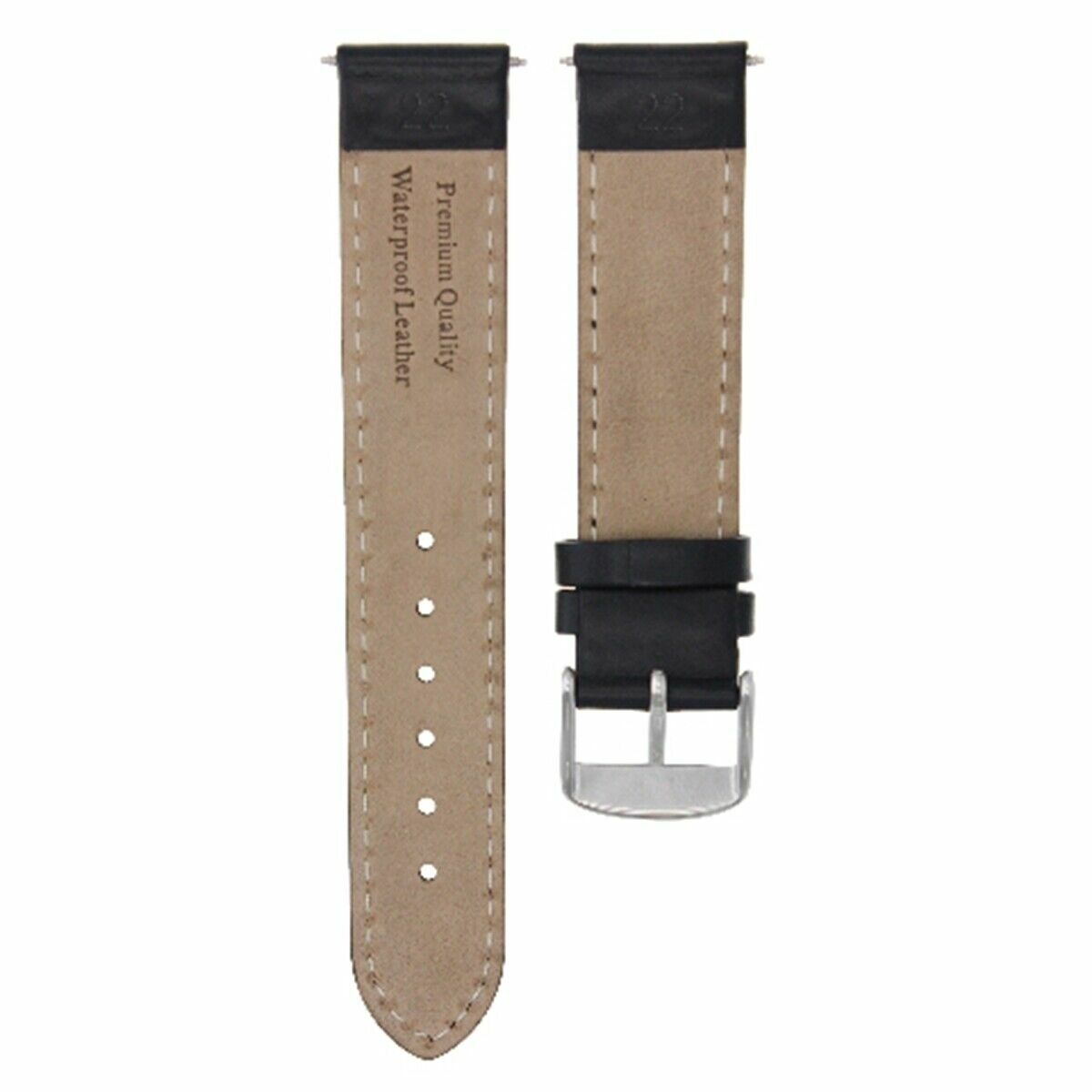 22MM GENUINE LEATHER SMOOTH STRAP BAND FOR BREITLING WATCH BLACK WHITE STITCH