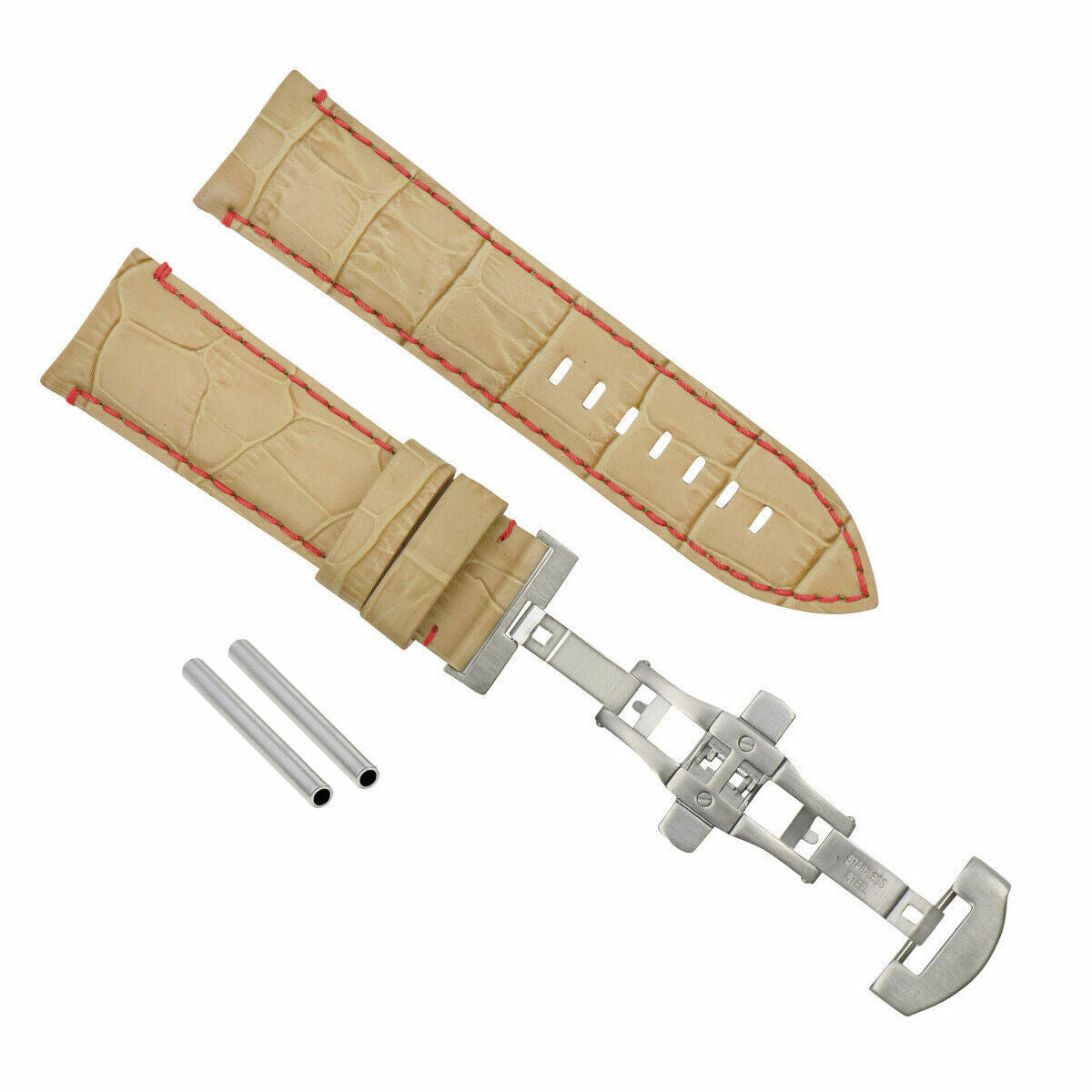 24MM LEATHER BAND STRAP DEPLOYMENT CLASP FOR PAM 44MM PANERAI BEIGE RED STITCH