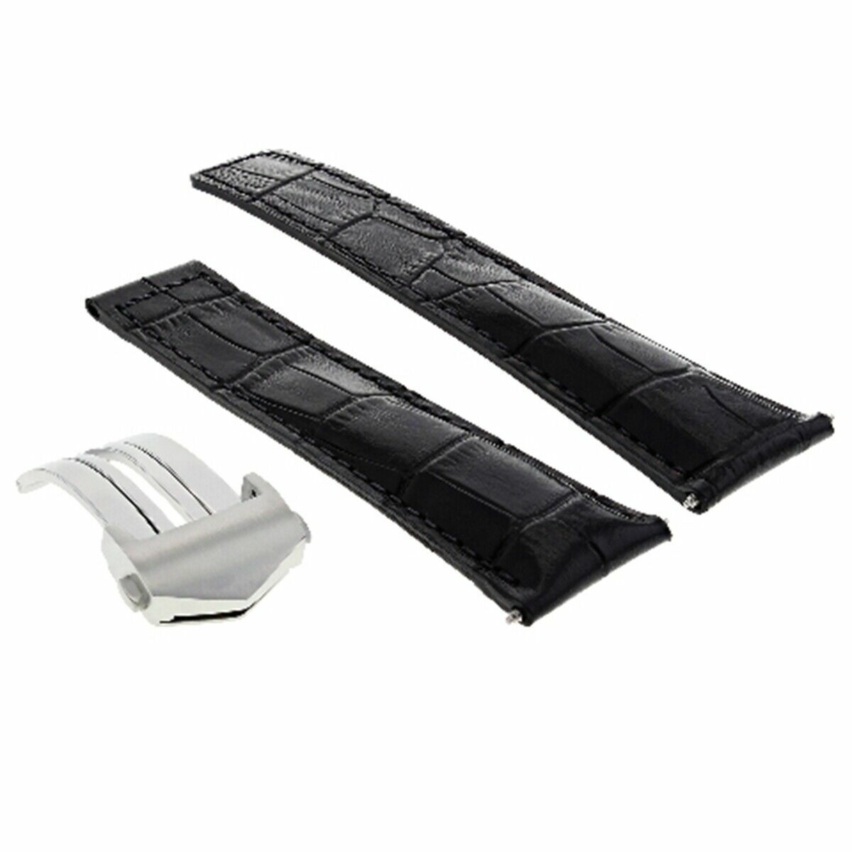 22MM LEATHER WATCH STRAP BAND DEPLOY CLASP  FOR TAG HEUER MONACO CALIBRE BLACK