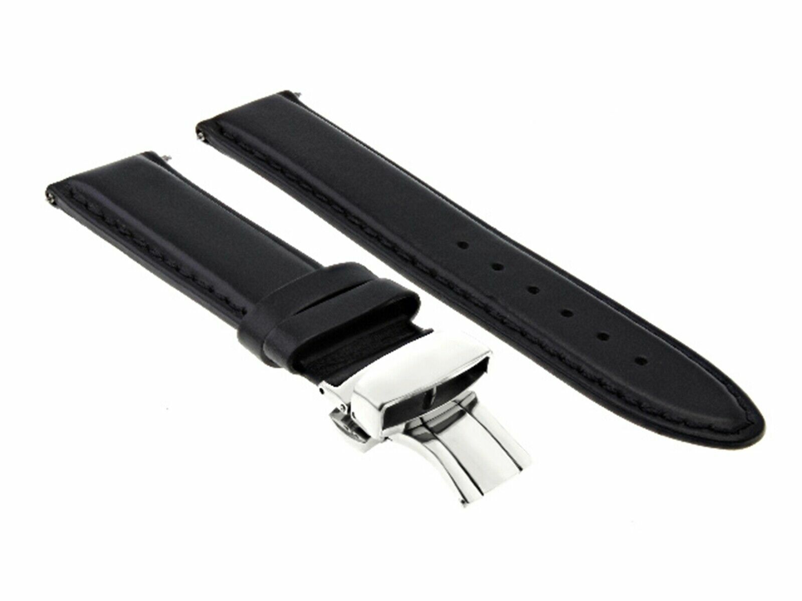 24MM SMOOTH LEATHER WATCH STRAP BAND DEPLOYMENT BUCKLE  FOR BAUME MERCIER BLACK