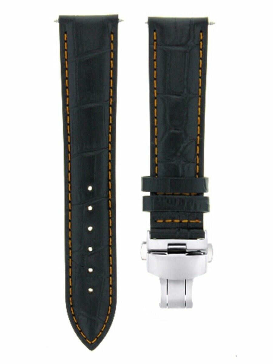 20MM LEATHER WATCH STRAP BAND DEPLOYMENT CLASP FOR IWC BLACK ORANGE STITCHING