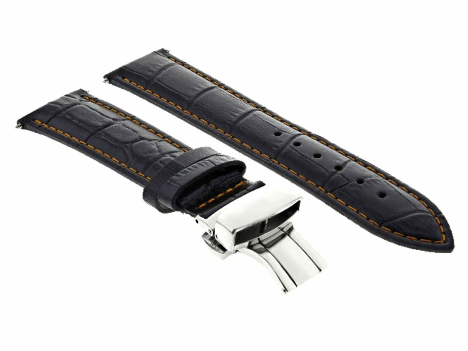 20MM LEATHER WATCH STRAP BAND DEPLOYMENT CLASP FOR IWC BLACK ORANGE STITCHING