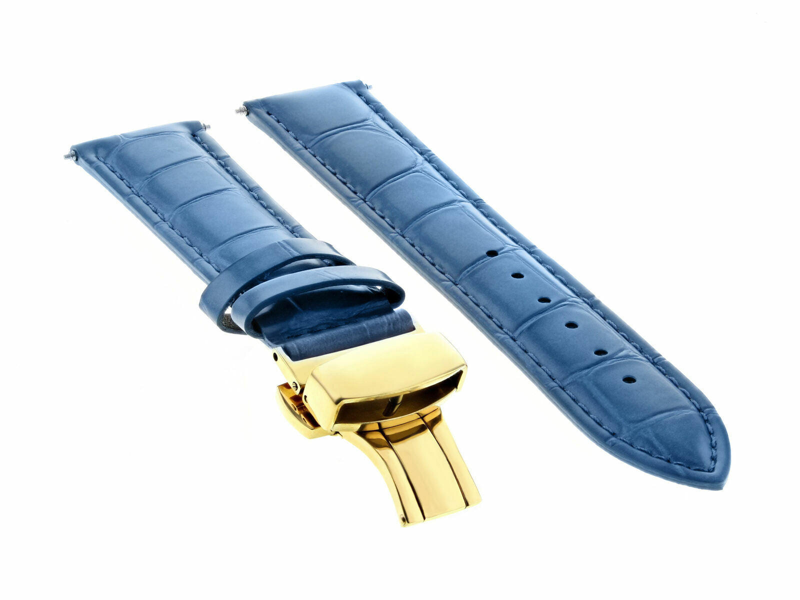 18MM LEATHER STRAP WATCH BAND FOR MONTBLANC DEPLOYMENT BUCKLE LIGHT BLUE GOLD