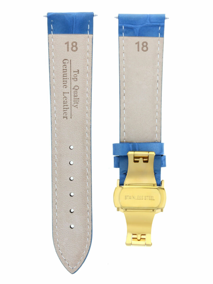 18MM LEATHER STRAP WATCH BAND FOR MONTBLANC DEPLOYMENT BUCKLE LIGHT BLUE GOLD