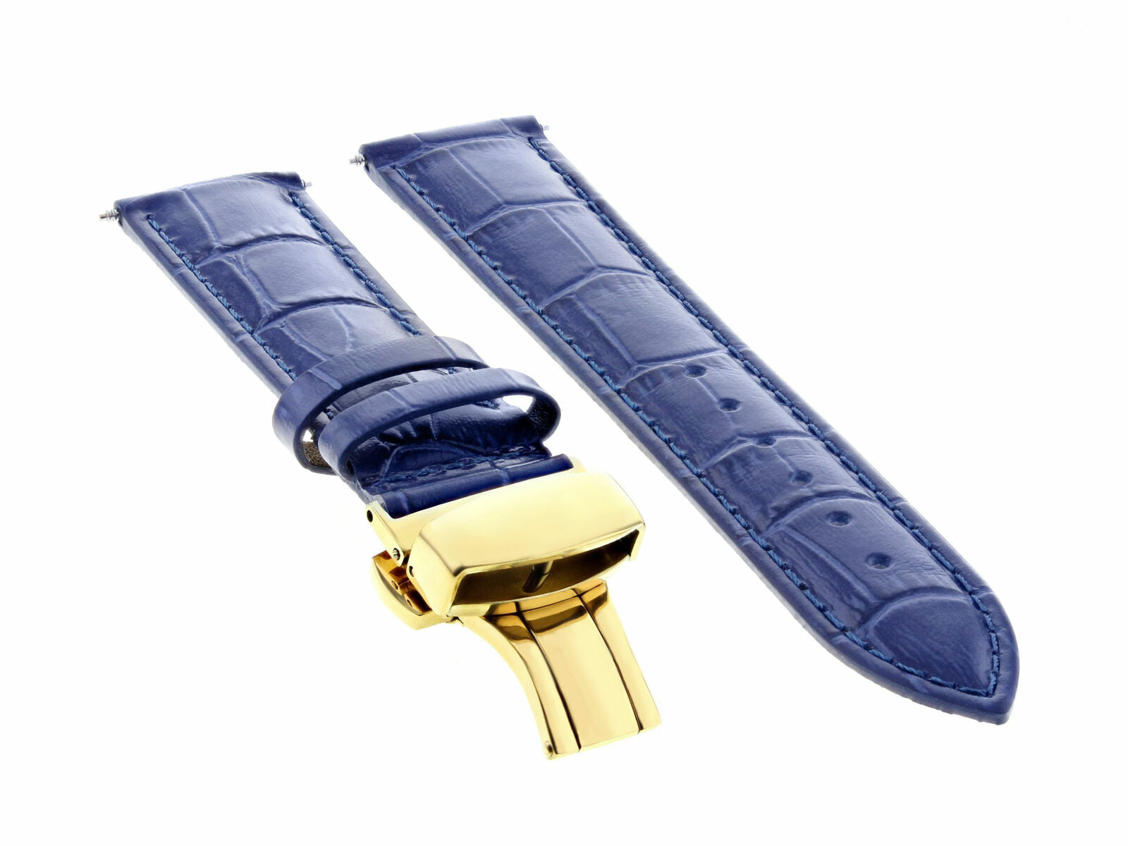 22MM LEATHER STRAP BAND FOR IWC PILOT PORTUGESE TOP GUN DEPLOY CLASP BLUE GOLD