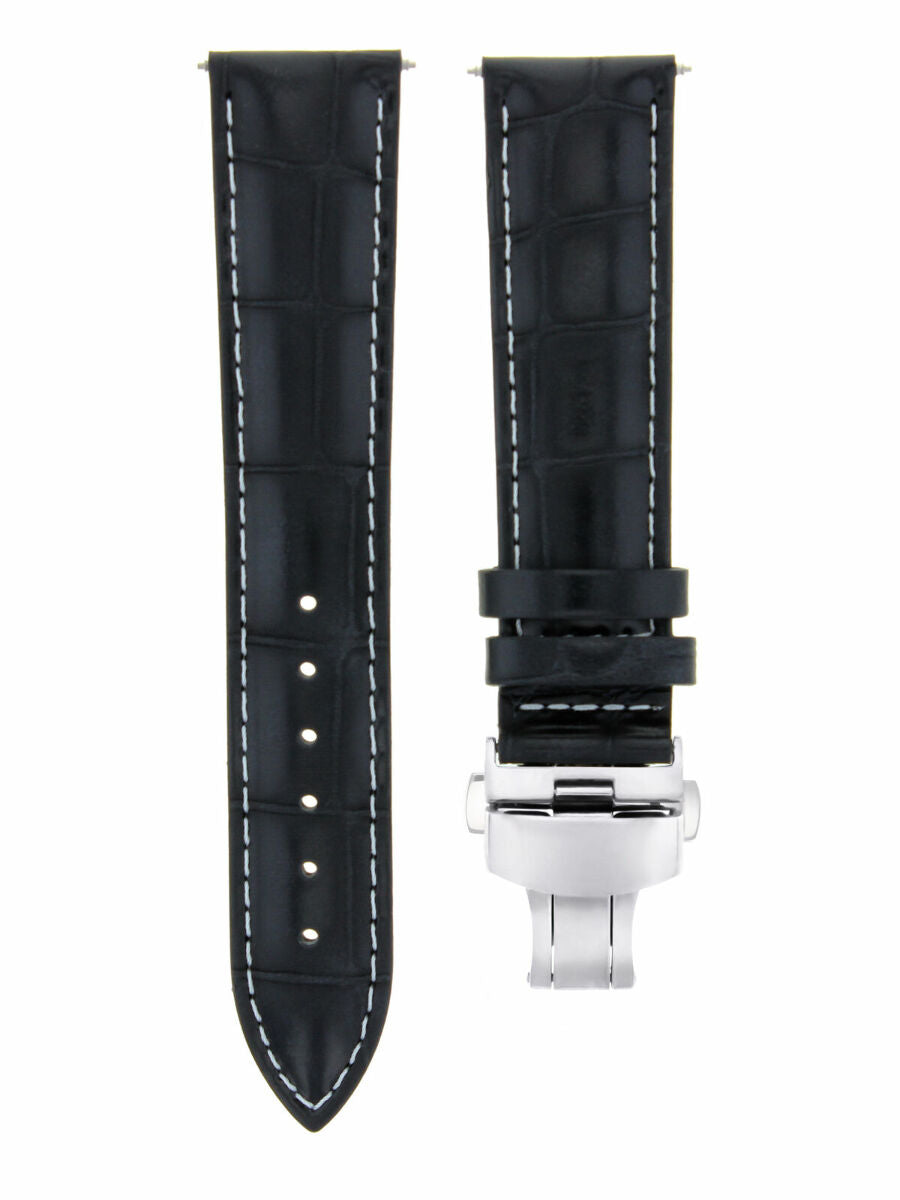 18MM LEATHER BAND WATCH STRAP FOR MOVADO WATCH DEPLOYMENT CLASP BLACK WHITE STIT