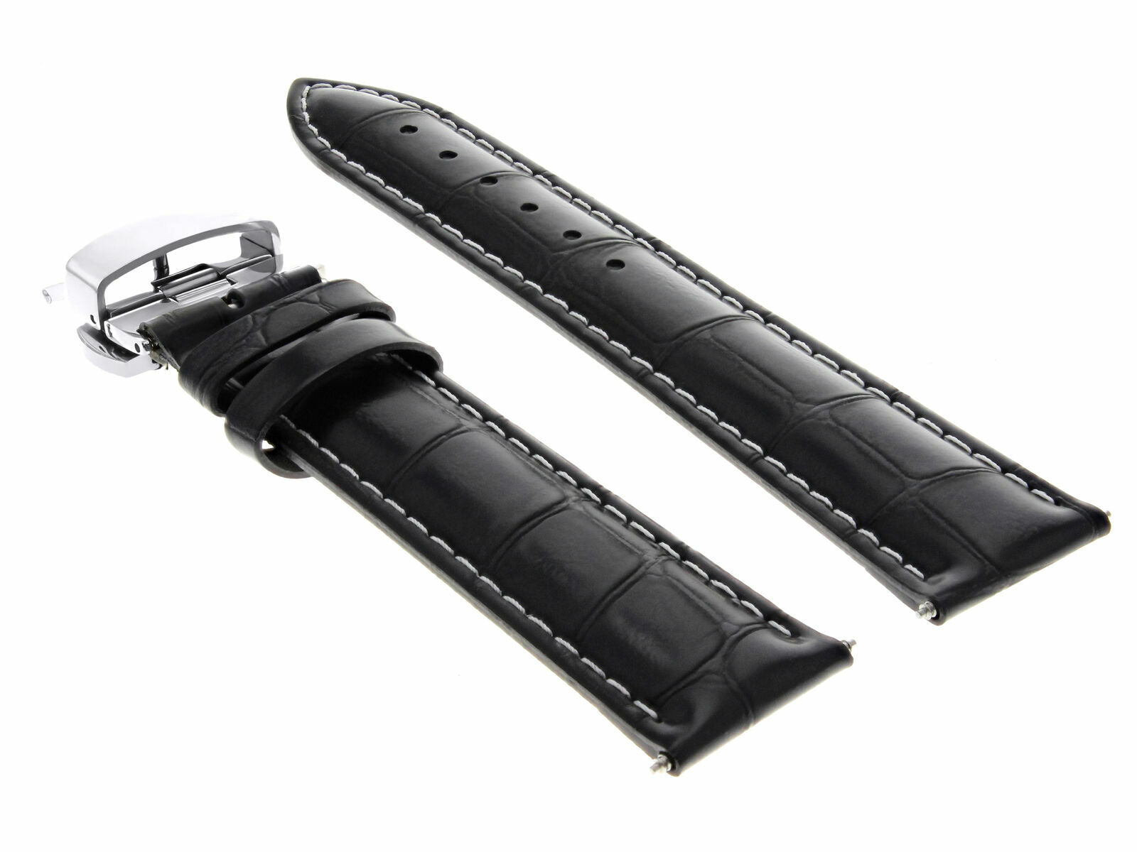 20MM LEATHER BAND WATCH STRAP DEPLOYMENT CLASP FOR MOVADO BLACK WHITE STITCH