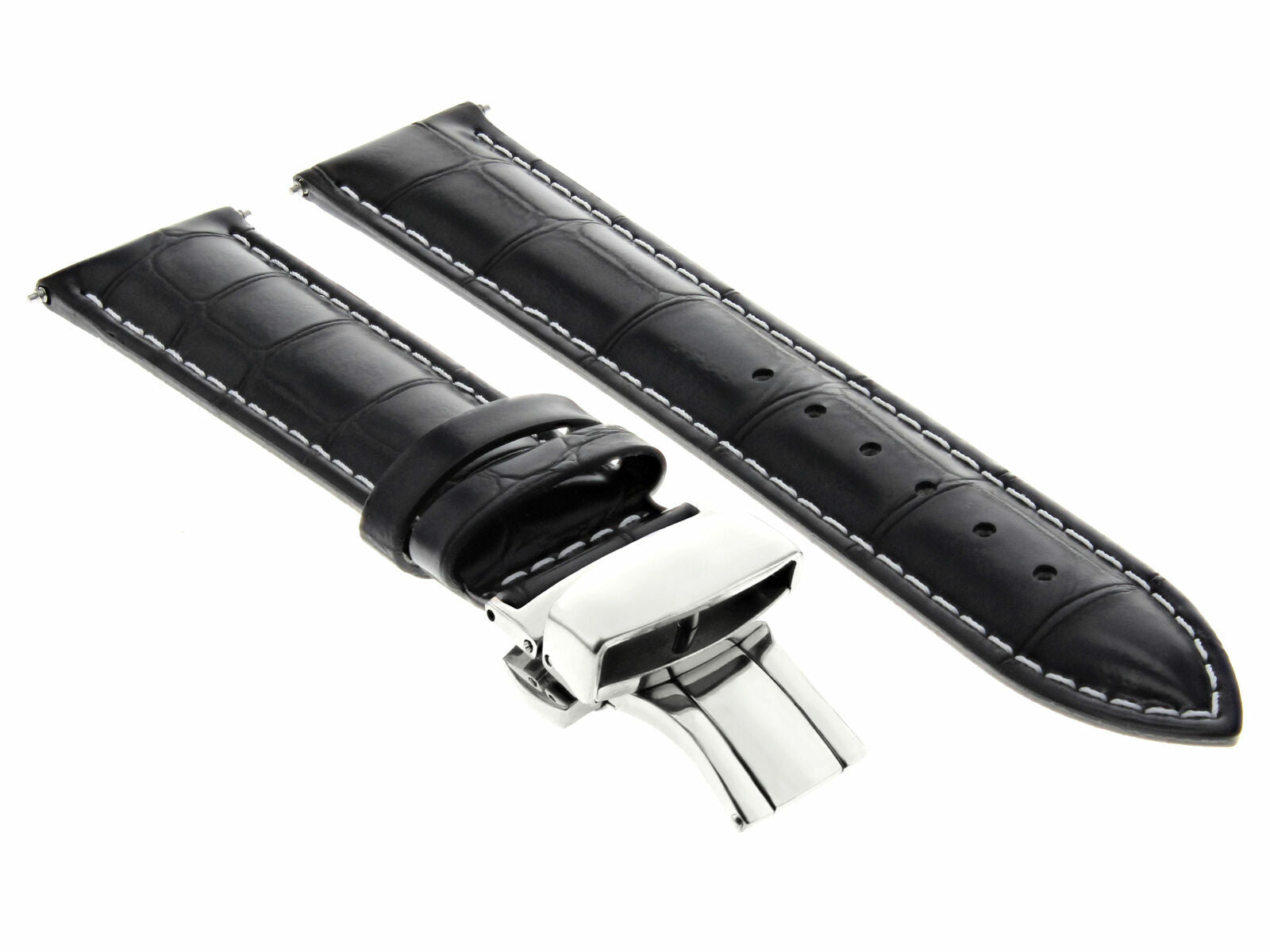 20MM LEATHER BAND WATCH STRAP DEPLOYMENT CLASP FOR MOVADO BLACK WHITE STITCH