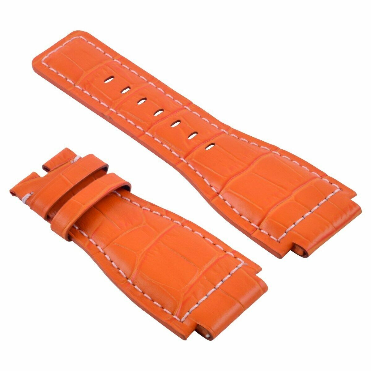 24MM LEATHER WATCH BAND STRAP FOR BELL & ROSS BR-01-03 ORANGE WHITE STITCH TQ