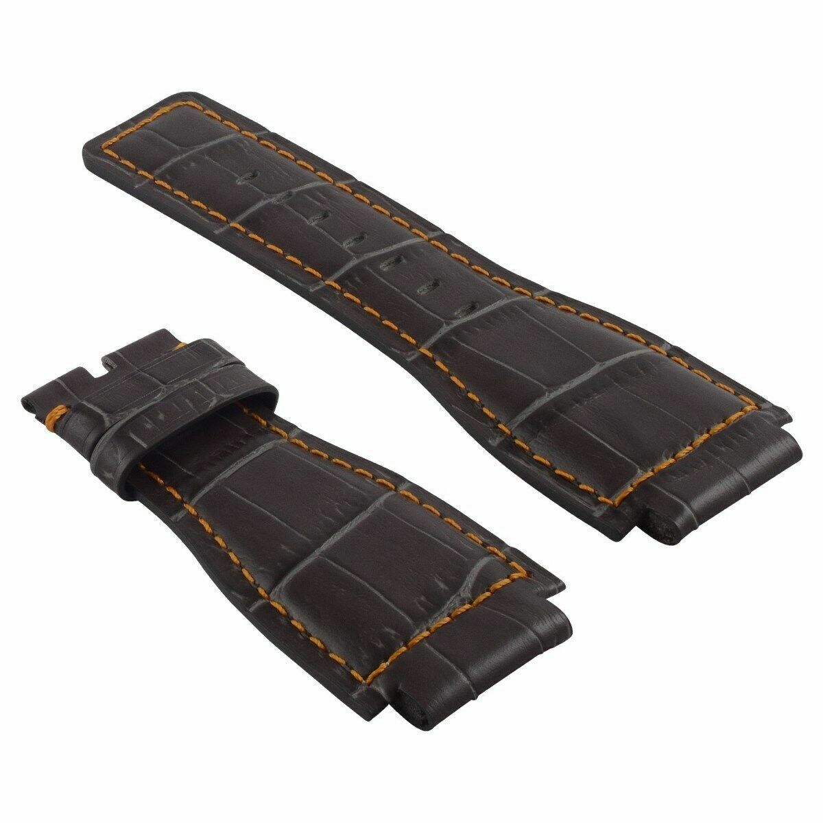 24MM LEATHER WATCH BAND STRAP FOR BELL & ROSS BR-01-03 WATCH GREY ORANGE STITCH