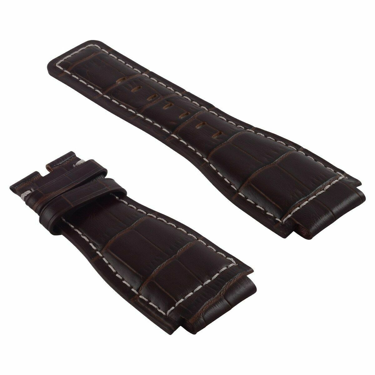 NEW 24MM LEATHER WATCH BAND STRAP FOR BELL & ROSS BR-01-03 BROWN WHITE STITCH