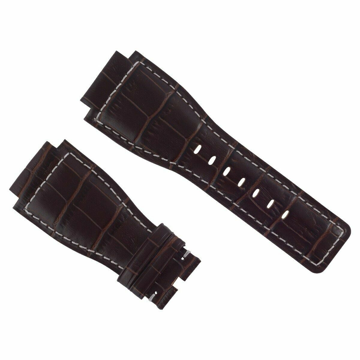 NEW 24MM LEATHER WATCH BAND STRAP FOR BELL & ROSS BR-01-03 BROWN WHITE STITCH